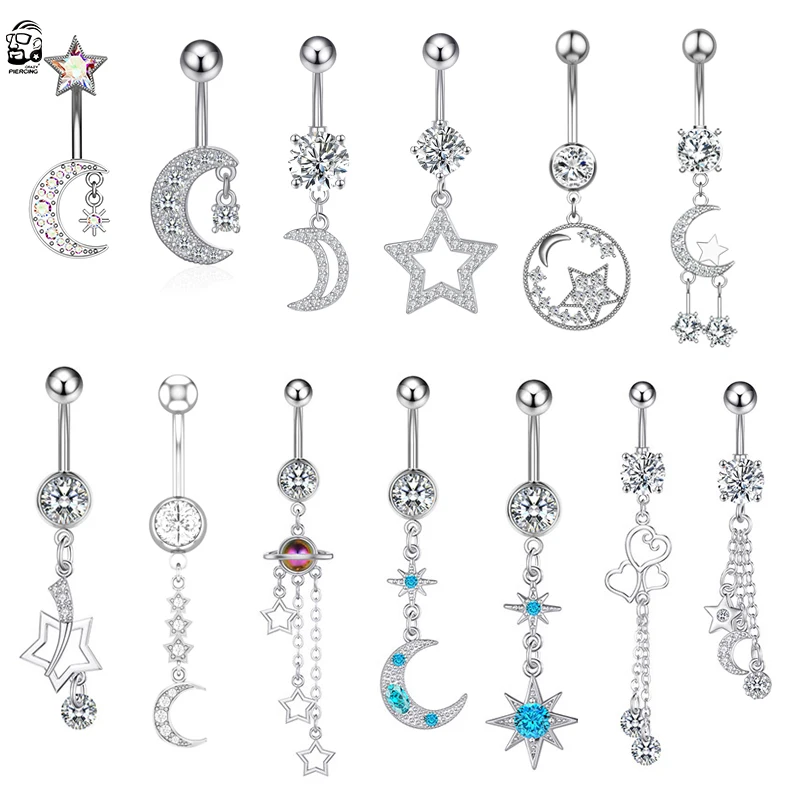 Surgical Steel Dangle Belly Button Ring Moon Star Chain Navel Ring Piercing for Women Zircon Body Piercing Nombril Jewelry