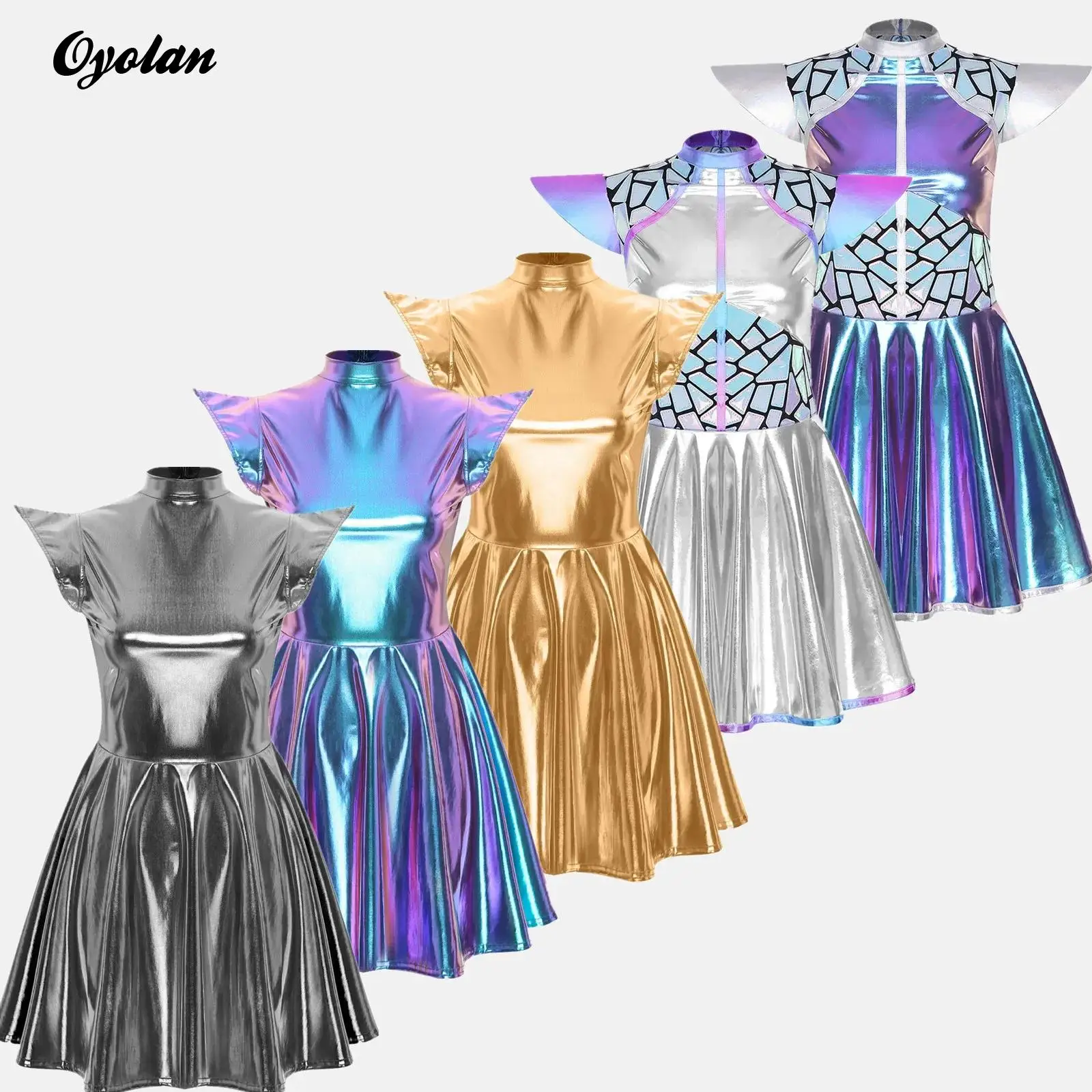 Robe de cosplay d'astronaute extraterrestre pour femmes, robe de cosplay d'extraterrestre robot spatial, costume d'Halloween, robe mignonne, paillettes métalliques brillantes, robe mini trapèze