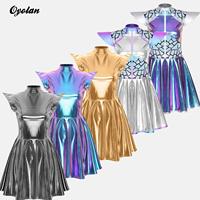 Womens Alien Outer Space Astronaut Alien Robot Cosplay Dress Halloween Cutie Costume Sequin Metallic Shiny A-line Mini Dresses