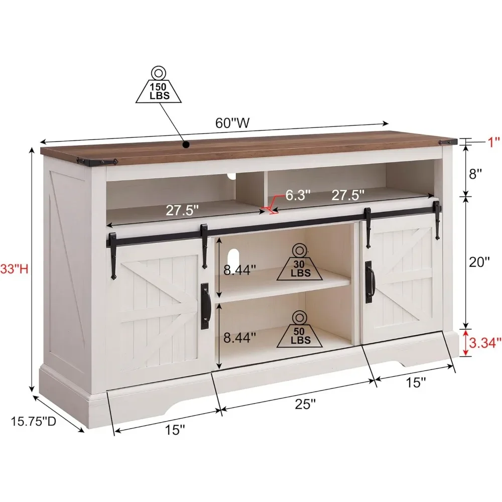 Support TV de ferme avec porte de grange market, console multimédia rustique avec rangement, centre de divertissement Highboy, téléviseur de 65 pouces et plus, 33 pouces de haut