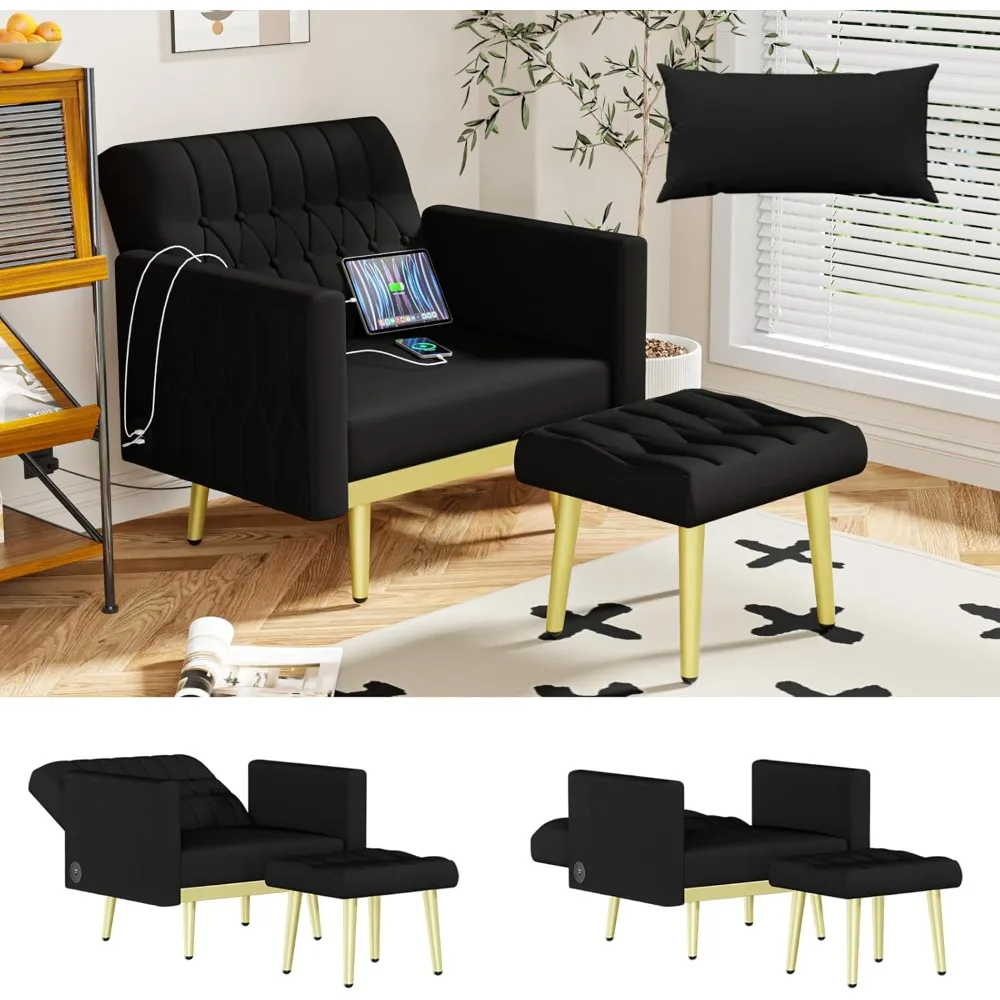 

Velvet Modern Accent Chair and Ottoman Set with 2 USB Ports, Black Comfy Reading Chair Bedroom Living Room Chairs, Recliner
