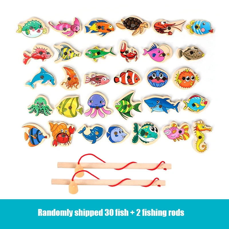 Wooden Magnetic Fshing Game Cartoon Marine Life Cognition Fish Rod Toys for Children Early Educational Parent-child Interactive