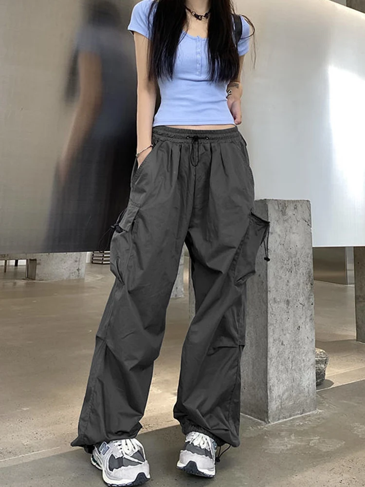 Women Big Pockets Cargo Pants Y2K Harajuku Drawstring Oversized Pants Female Street Style Solid Sweatpants Joggers Trousers