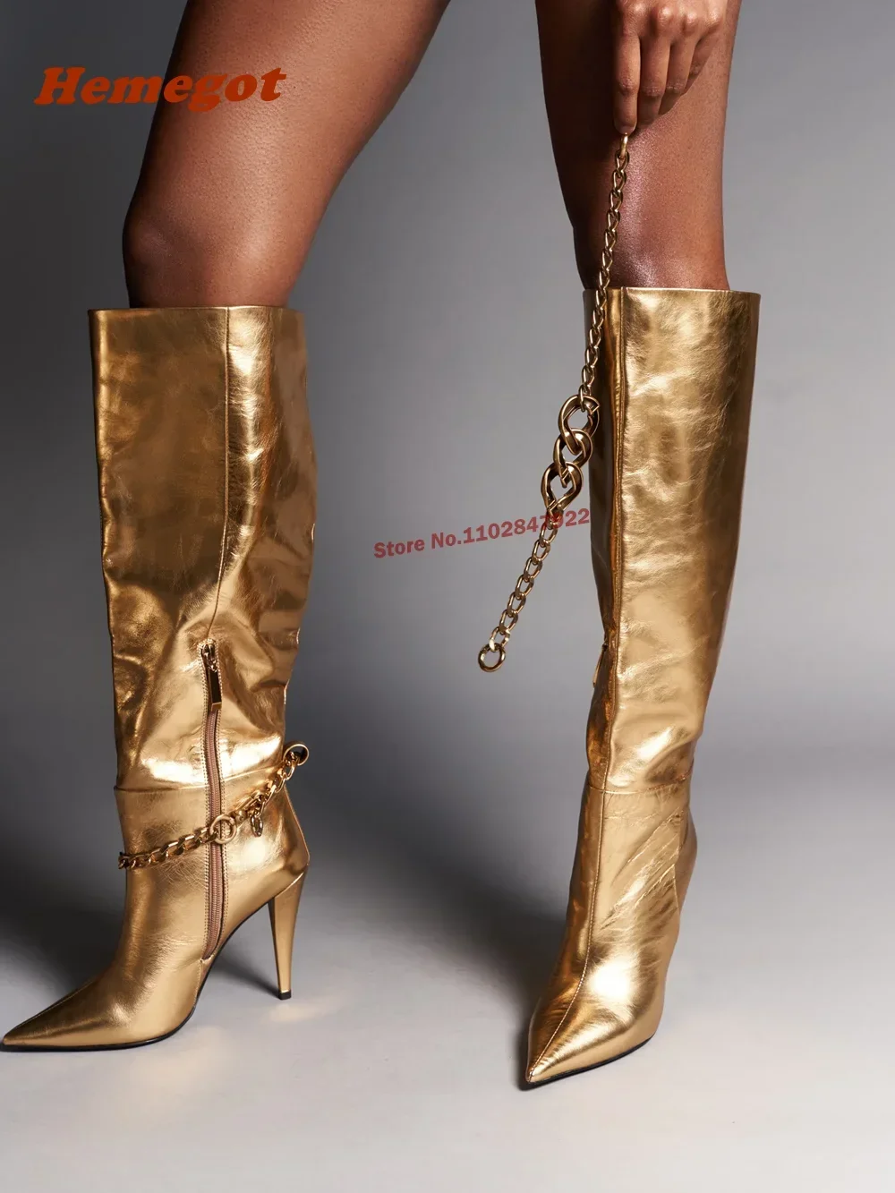 Gold Chain Glossed Leather Boots Pointy Toe High Heels Side Zipper Winter Knee Boots Female Solid Newest Fashion Shoes Sexy 2024