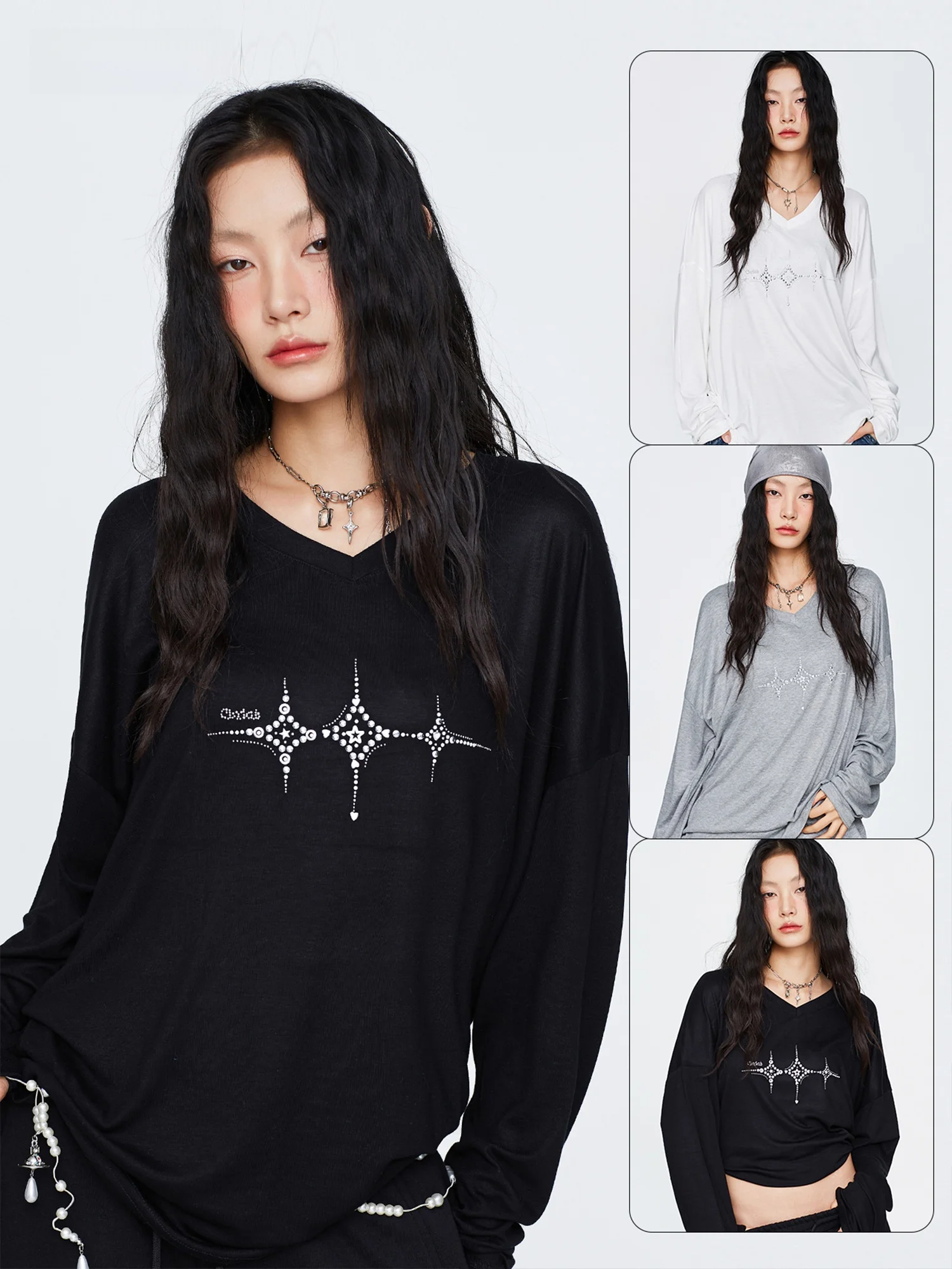 

Sexy Loose Long Sve Street Dance Trendy Brand Iron on Rhinestone Logo Cover up Autumn Winter Jazz Spicy Simple Long Sve...