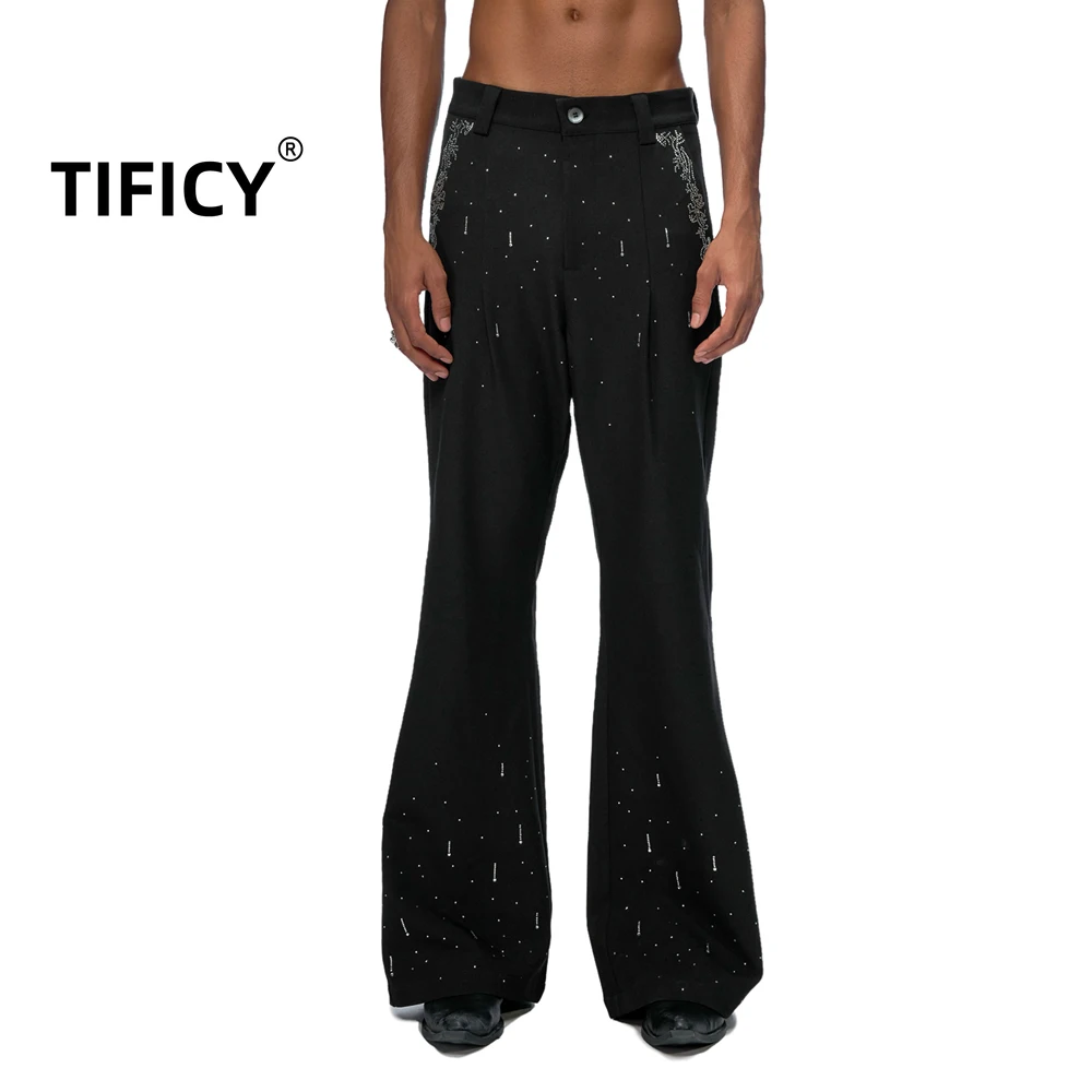 

High Street Meteor Heavy Industry Fine Sparkling Diamond Black Western Pants Men's Straight Tube Micro Pull High Waist Pants