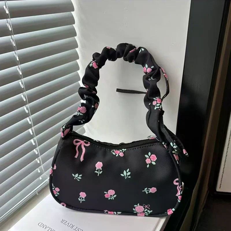 Unique Wrinkled Drawstring Floral Handbag Stylish Versatile Shoulder Underarm Purse Bag For Women