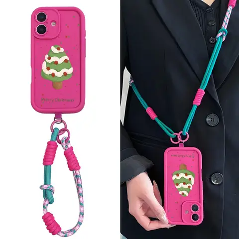 Cxd5Christmas Tree Wrist Chain Phone Case for Redmi Note14 13 12 11 10 9 8 7 Pro Plus 14s 13C 12C 14C 9C Crossbody Lanyard Cover