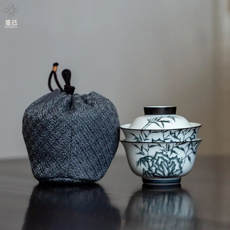 Hand Painted Dianthus Portable Travel Tea Set, Compact Gaiwan and Cup Brewing Kit for Loose Leaf Tea and Daily Tea Rituals