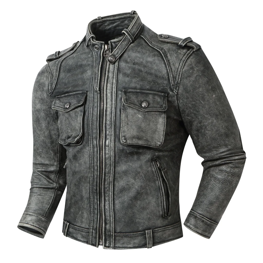 

Retro Waed Vintage Top Layer Cowhide Leather Slim Fit Biker Jaet Men's Faion Urban Sle Long Sve Zipper Closure Coat