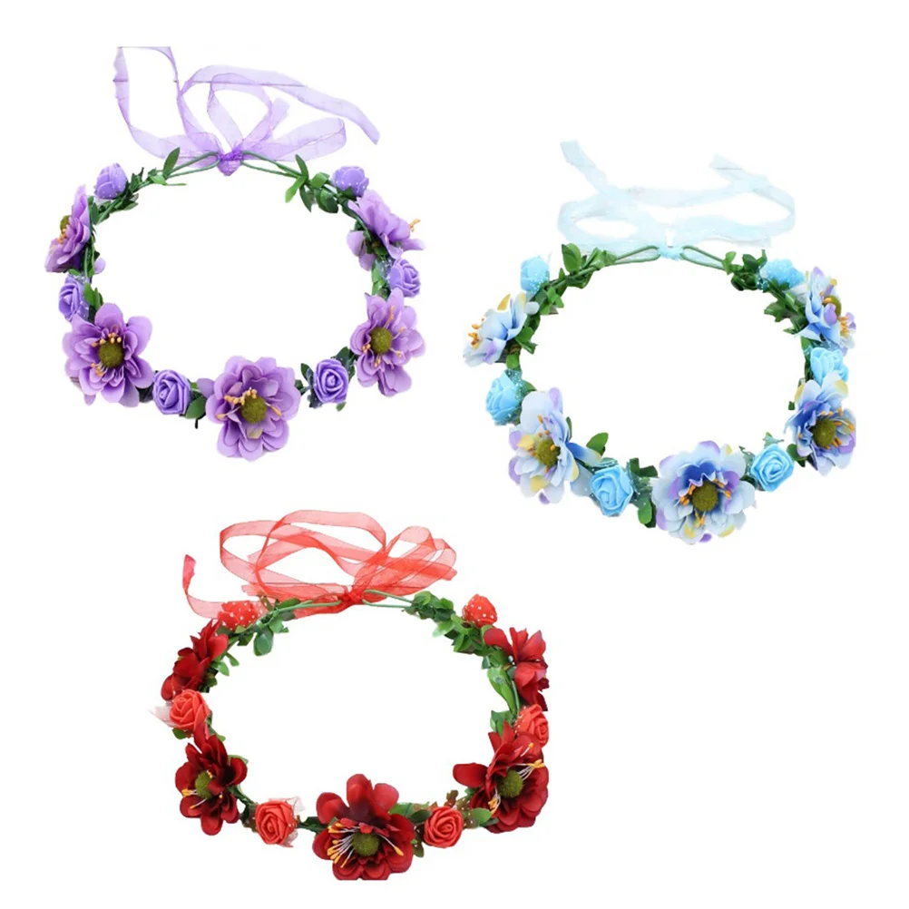 

3pcs Simulation Floral Headband Artificial Flowers Ribbon Hair Wreath For Party Photo Shoot Graduation Bridal Garland Headdress