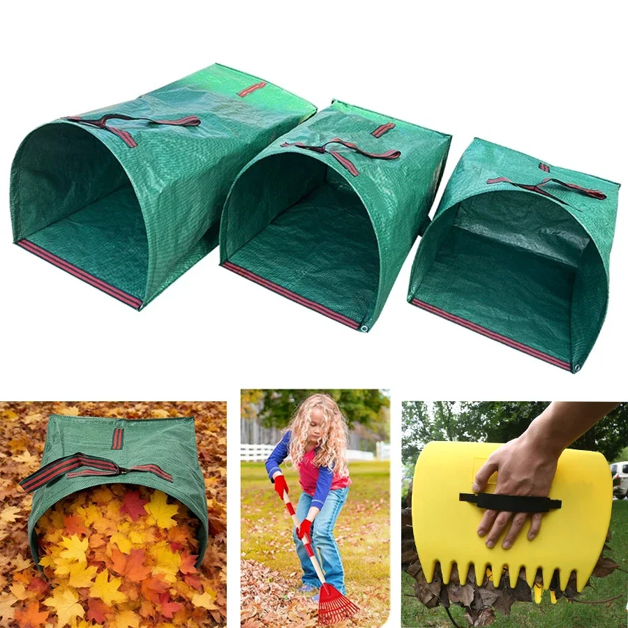 150-270L Green Garden Waste Bag and Mini Garden Rake with Leaf Scoops Garden Tools for Lawn Yard Leaf and Debris Collection