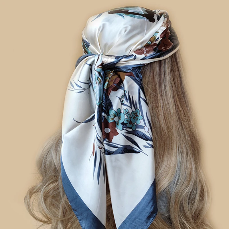 90*90CM Shawl Summer Sunscreen Square Headcloth Female Silk Scarf Fashion High-Grade Kerchief New Print Bandana Popular muffler