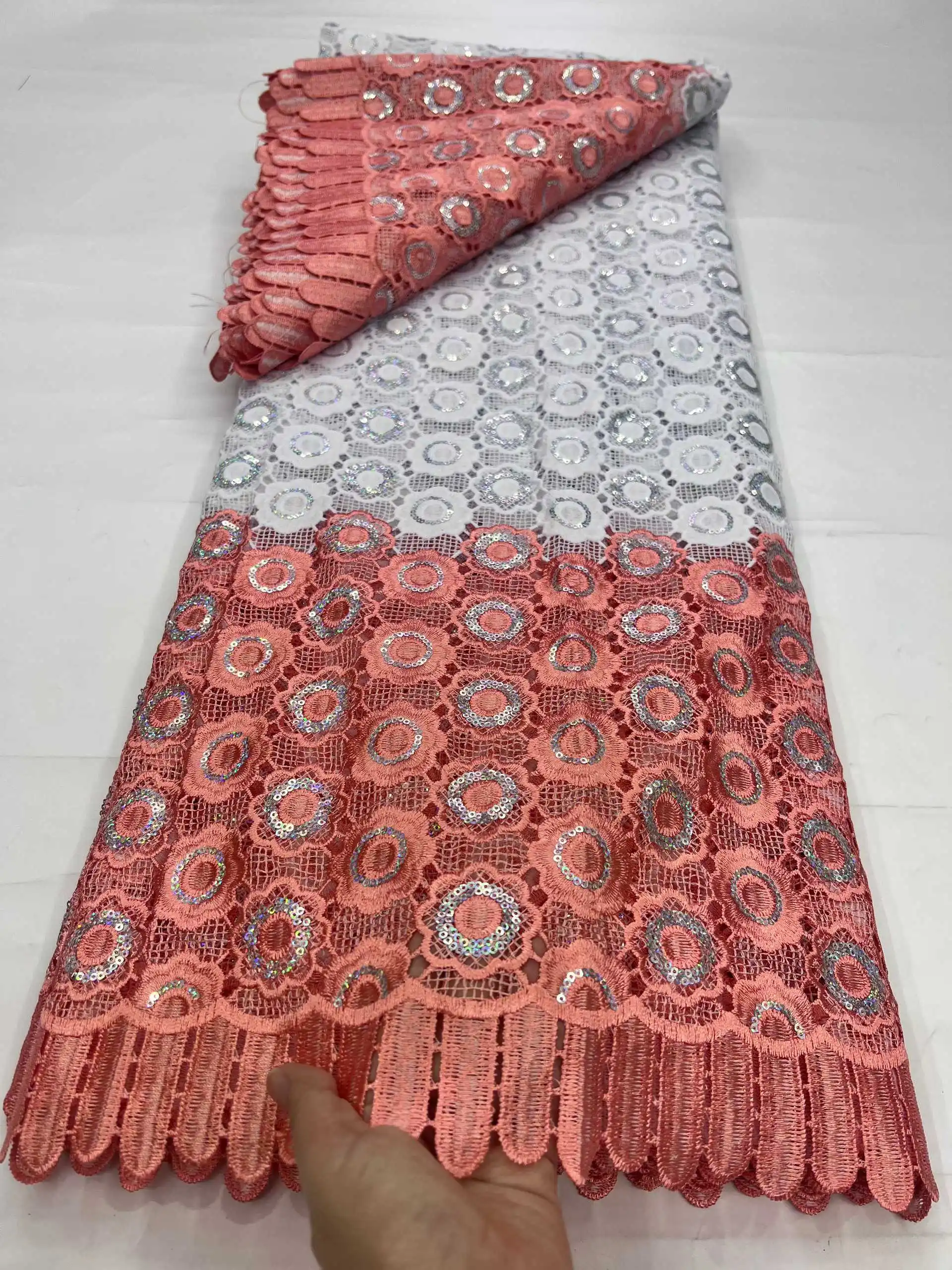 

African Milk Silk Fabric with Water Soluble Lace 2025 High Quality Milk Silk Nigerian Mesh Lace Fabric for Wedding Dress