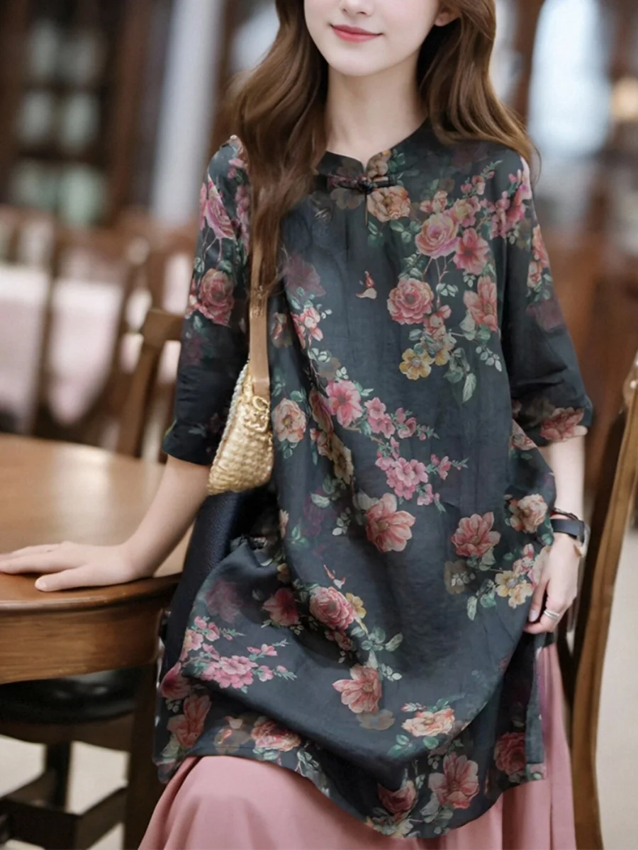 

Artistic Retro Print Single Country Sle irt Dr with Button up Top Loose Fit Summer New Arrival Faion Sun Protection ...