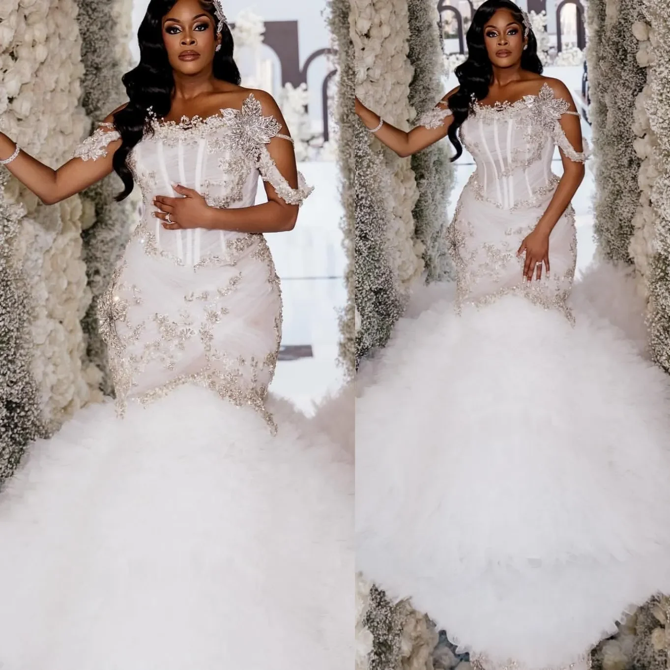 

Sparkling White Mermaid Crystal Bead Lace Bead African Women's Off Shoulder Sleeveless Bridal Gown Robes De Mariee Customized