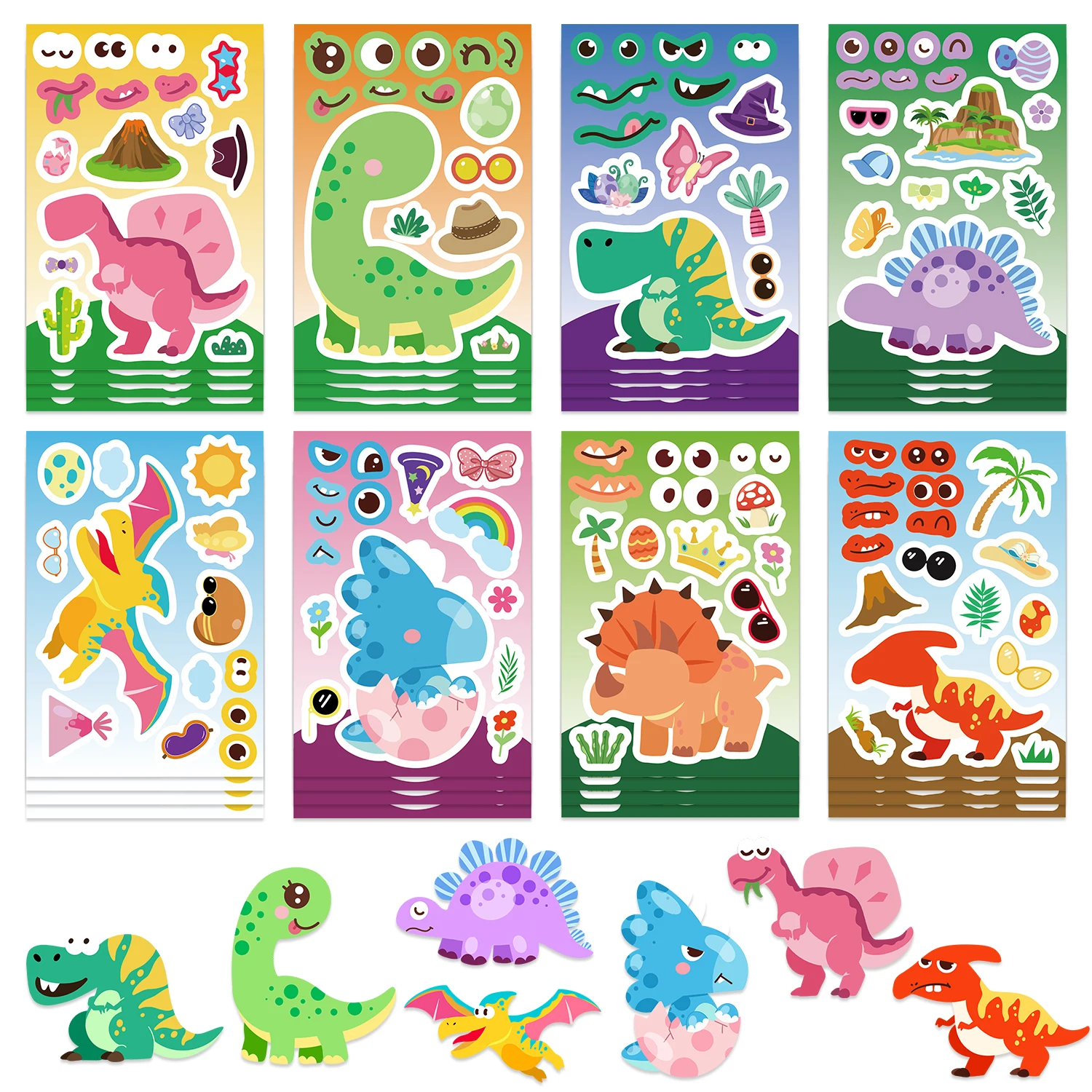 8 arkuszy DIY Make-a-Face dinozaur Puzzle naklejki gry śmieszne zwierzę Catoon montaż układanki do zabawek edukacyjnych