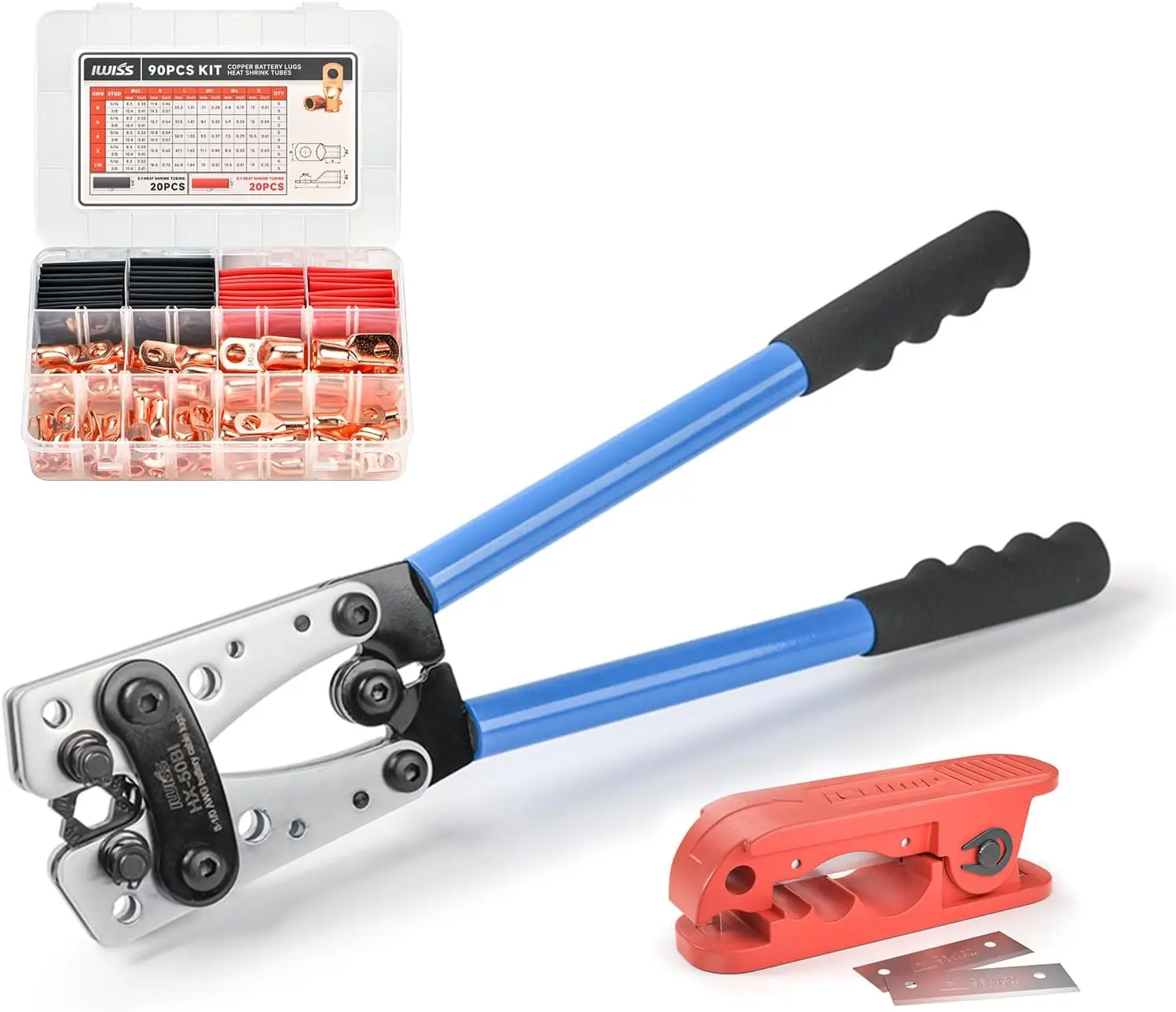 

Профессиональный набор инструментов для обжима аккумуляторного кабеля с устройством для зачистки AWG 8-1/0, включает медные наконечники и термоусадочные трубки.