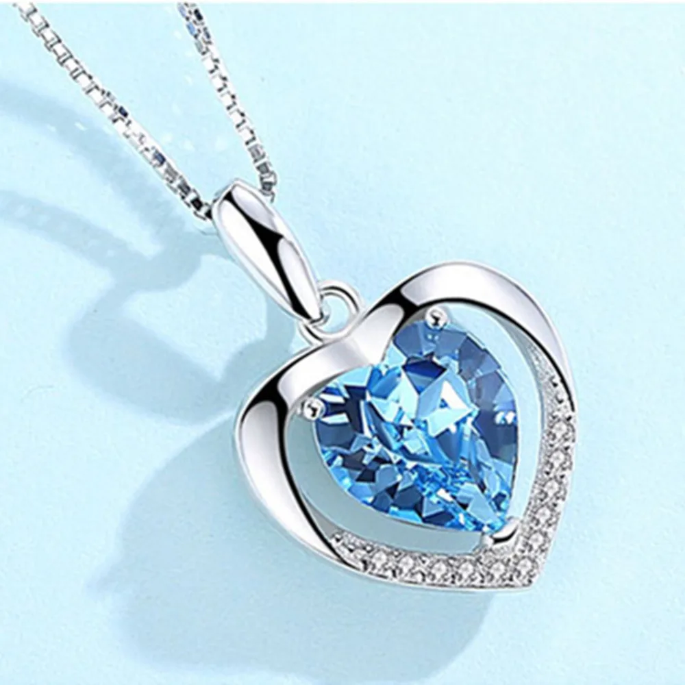 WOSIKATE Korean 925 Sterling Silver Heart Pendant Necklace For Women Fashion Jewellery Amethyst Sapphire Zirconia Chain Necklace