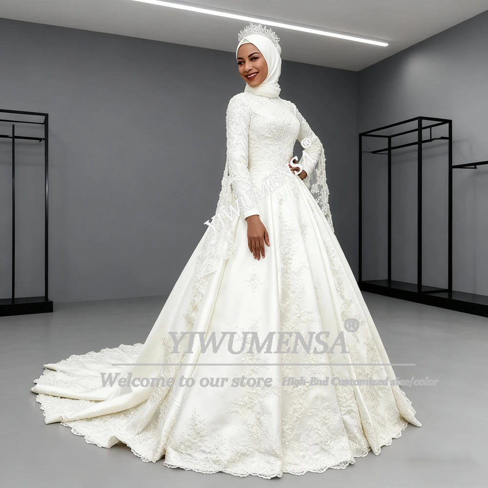 Elegante Brautkleider mit Spitzenapplikationen und langen Ärmeln, hohem Kragen, Perlen-Satin, Saudi-Arabien, muslimische Brautkleider, Sweep-Zug