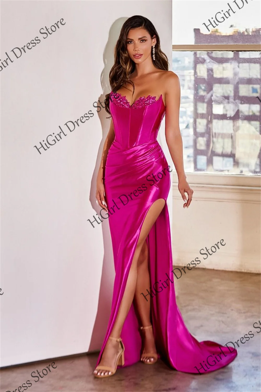 

Satin Sweetheart Mermaid Prom Dresses With Split Pleated Sparkly Corset Evening Dresses Backless Formal Ball Gowns for Women