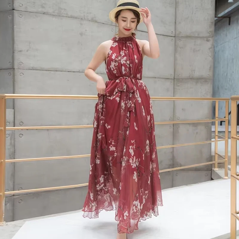Verano Floral gasa Floral sin mangas tirantes Maxi vestido para mujer Sexy espalda descubierta playa Boho mujer vestido veraniego fotografía