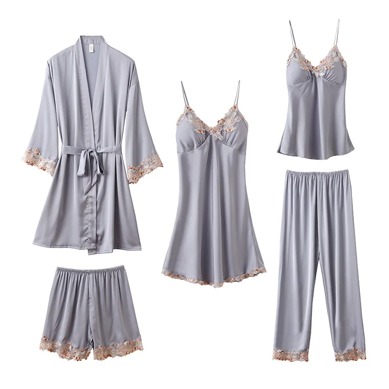 a-5PCS Women Bathrobe Gown Set Sleepwear Sexy Lace Pajamas Set Pyjama Femme Spring Summer Satin Nightwear Kimono Robe Home Wear