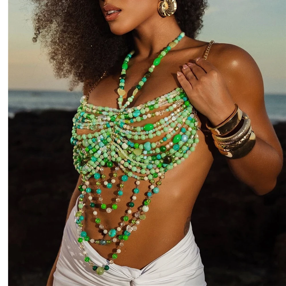 Green Beaded Halter Camisole Body Jewelry Interesting Accessories For Women Sexy Ladies Crop Top Fashionable Outerwear Bra