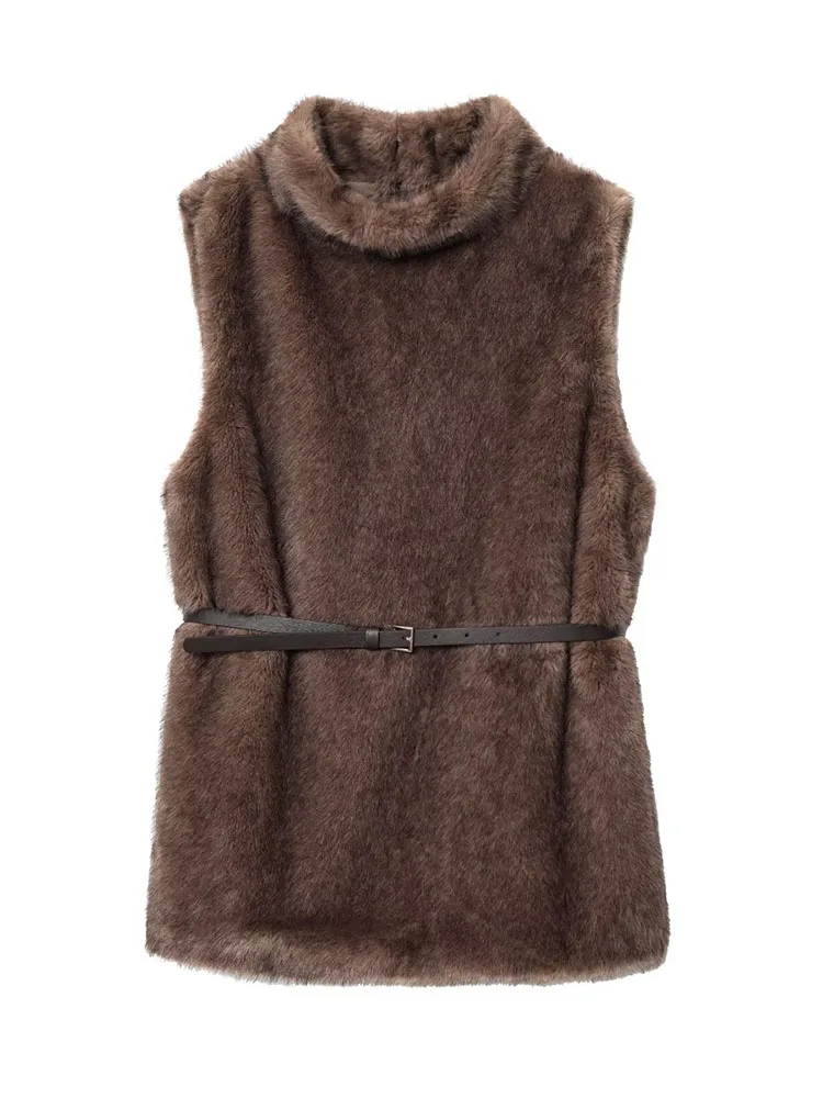 

HH Women Fashion High Collar Belt Decoration Faux Fur Effect Sleeveless Vest Top Female Winter Warm Casual Slim High Street Top