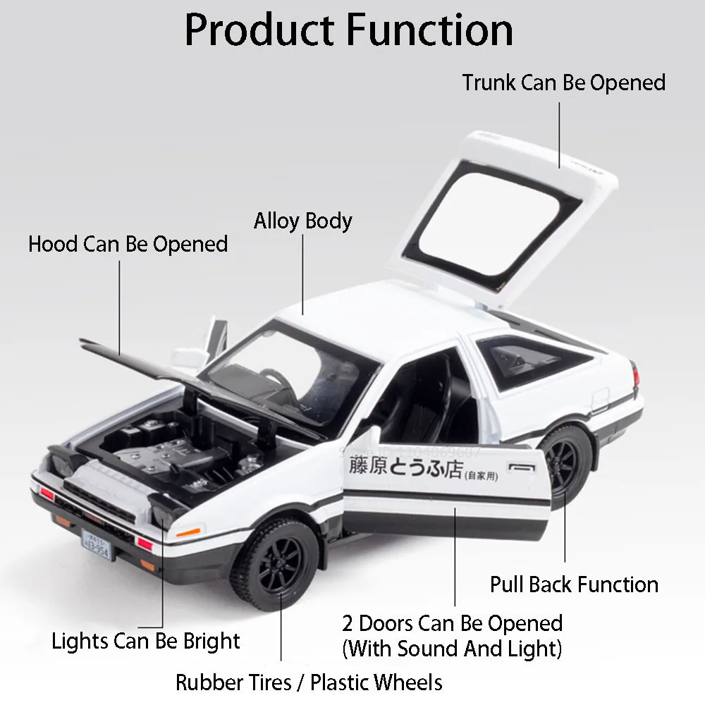 รถของเล่นจำลองรุ่น AE86 สเกล 1:32 ผลิตจากโลหะผสม แบบดึงหลัง มีเสียง มีไฟ ประตูเปิดได้ ภายในเหมือนจริง เหมาะสำหรับเป็นของขวัญสำหรับเด็ก