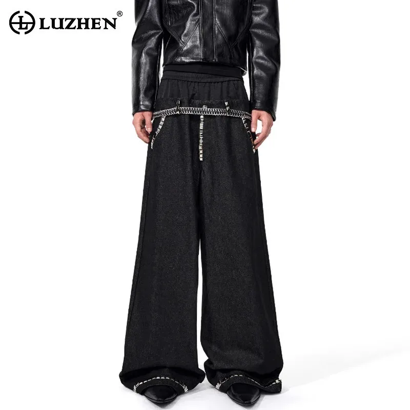 

LUZHEN Original Double Layer Fake Two Piece Design Sequin Patchwork Casual Pants Men's 2025 New Street Straight Trousers JY3870