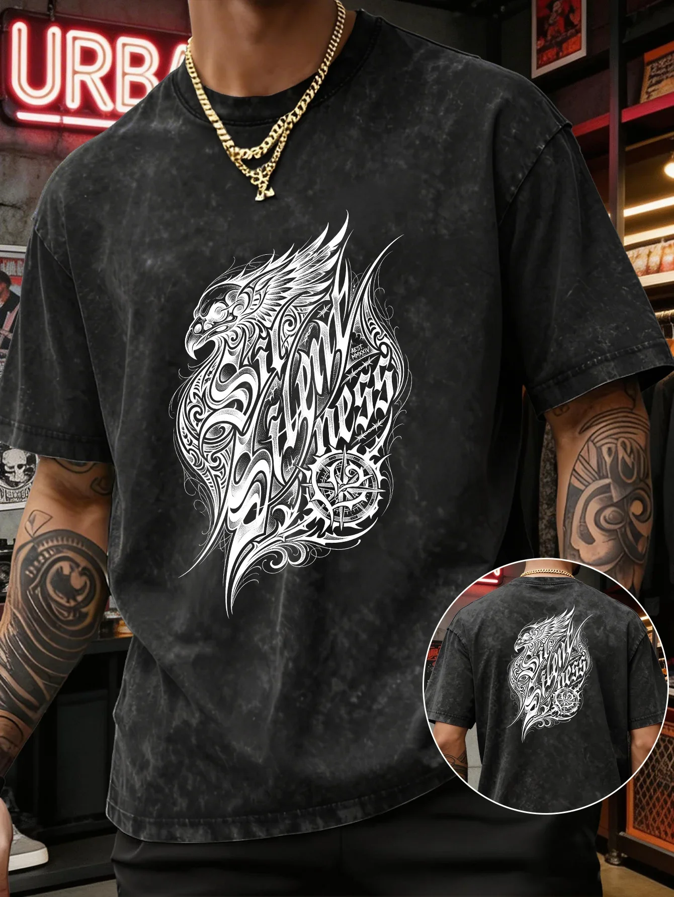 Men's Heavyweight T-shirt Graffiti Eagle Compass Letter Print Vintage Acid Wash Streetwear Hip Hop Cotton Summer Casual S-3XL