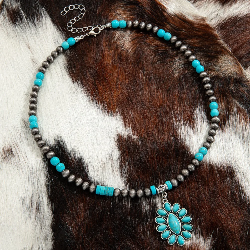 Retro Ethnic Style Multi Style Teardrop Cowboy Boots Rectangle Cross Floral Turquoise Beaded Necklace for Women Party Jewelry