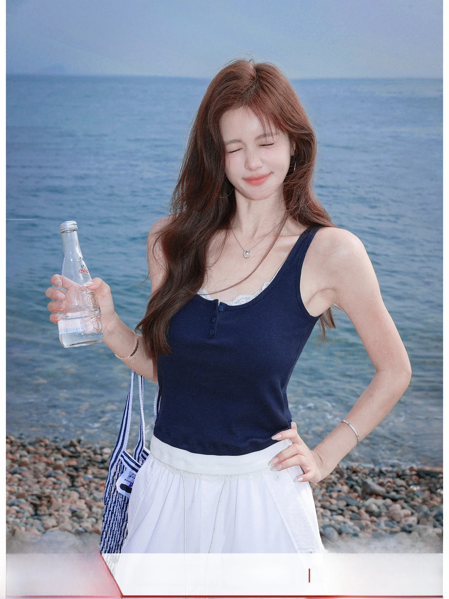 

Summer Lace Trim Splice Fake Two-Piece Vest Women's Simple Color Blo Inteated Strap Cotton Blend ort Length Top