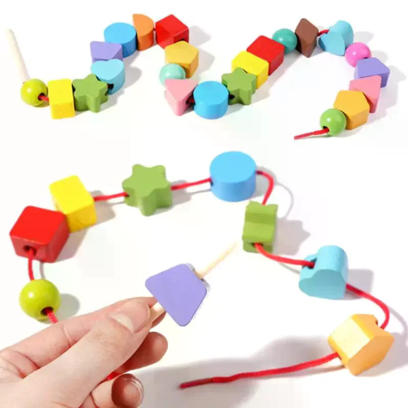 1 Set Stapelblöcke und Schnürperlen und passender Formstapler, frühes Lernspielzeug, Montessori-Holzperlen, Sequencing-Spielzeug, Geschenke