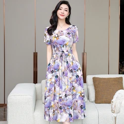Summer Dress Women Vintage Clothes 2023 New Print Slim Short Sleeve Elegant Middle Age Women's Dresses Casual Summer Sundress