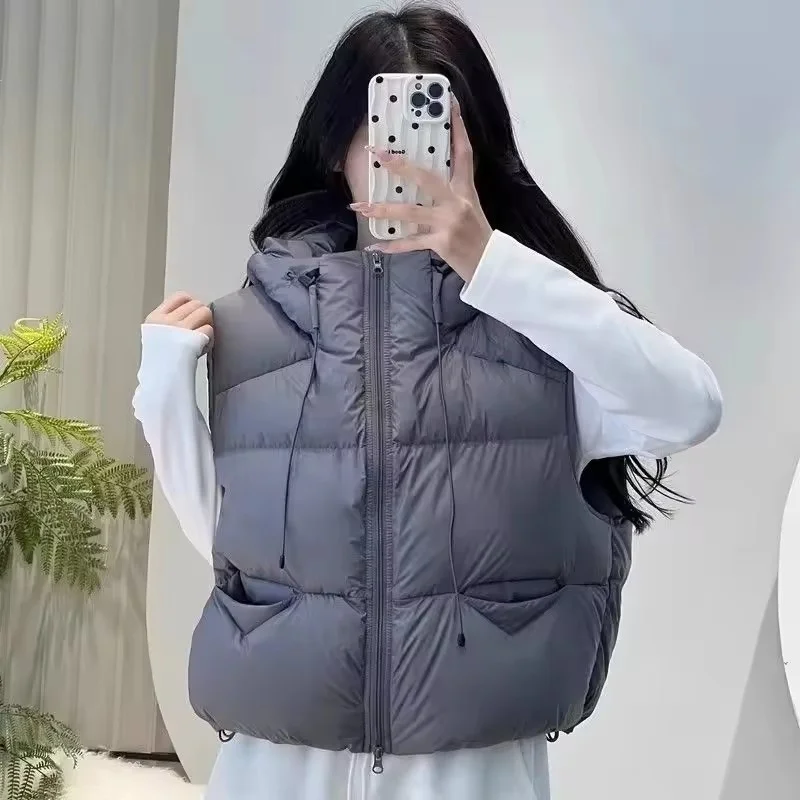 

Winter Short Down Cotton Sleeveless Vest Women Warm Hooded Zipper Jacket Casual Fashion Quilted Cropped Ladies keep warm Coats