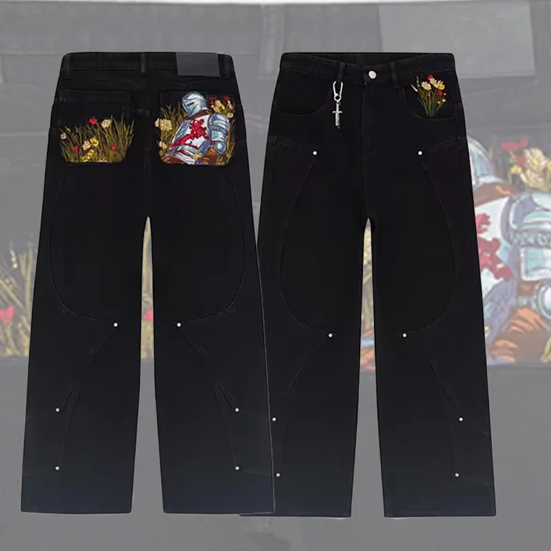 Jeans Streetwear Y2K para Homens e Mulheres com Bordado Colorido de Flores Silvestres e Design Temático de Cavaleiro, Calças de Perna Larga Confortáve