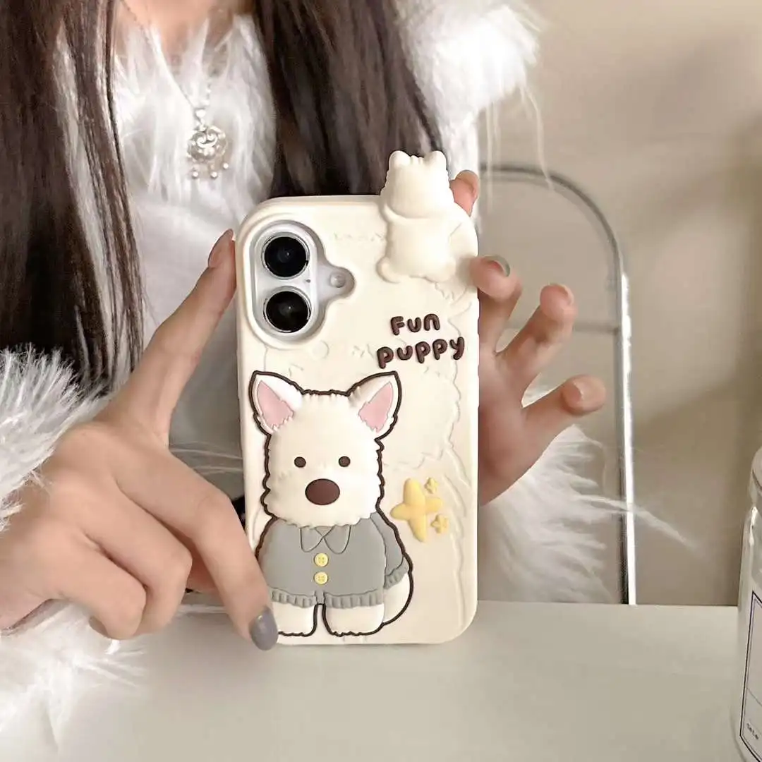 Fun Cute 3D West Highland White Terrier Silicone Soft Case for IPhone 12 13 14 15 16 Pro Max 11 15Pro 14Pro IPones Back Cover