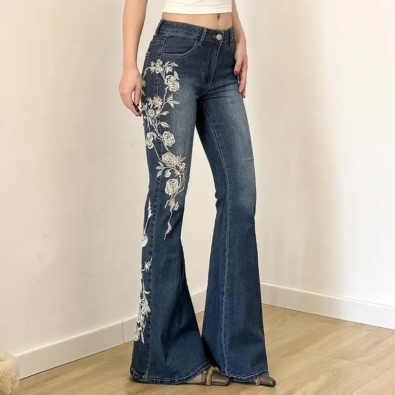 

Low Waisted Rose Embroidery Micro Flared Jeans Vintage Sle mid Stretch Blue Denim Women's Premium Quali Casual Pants