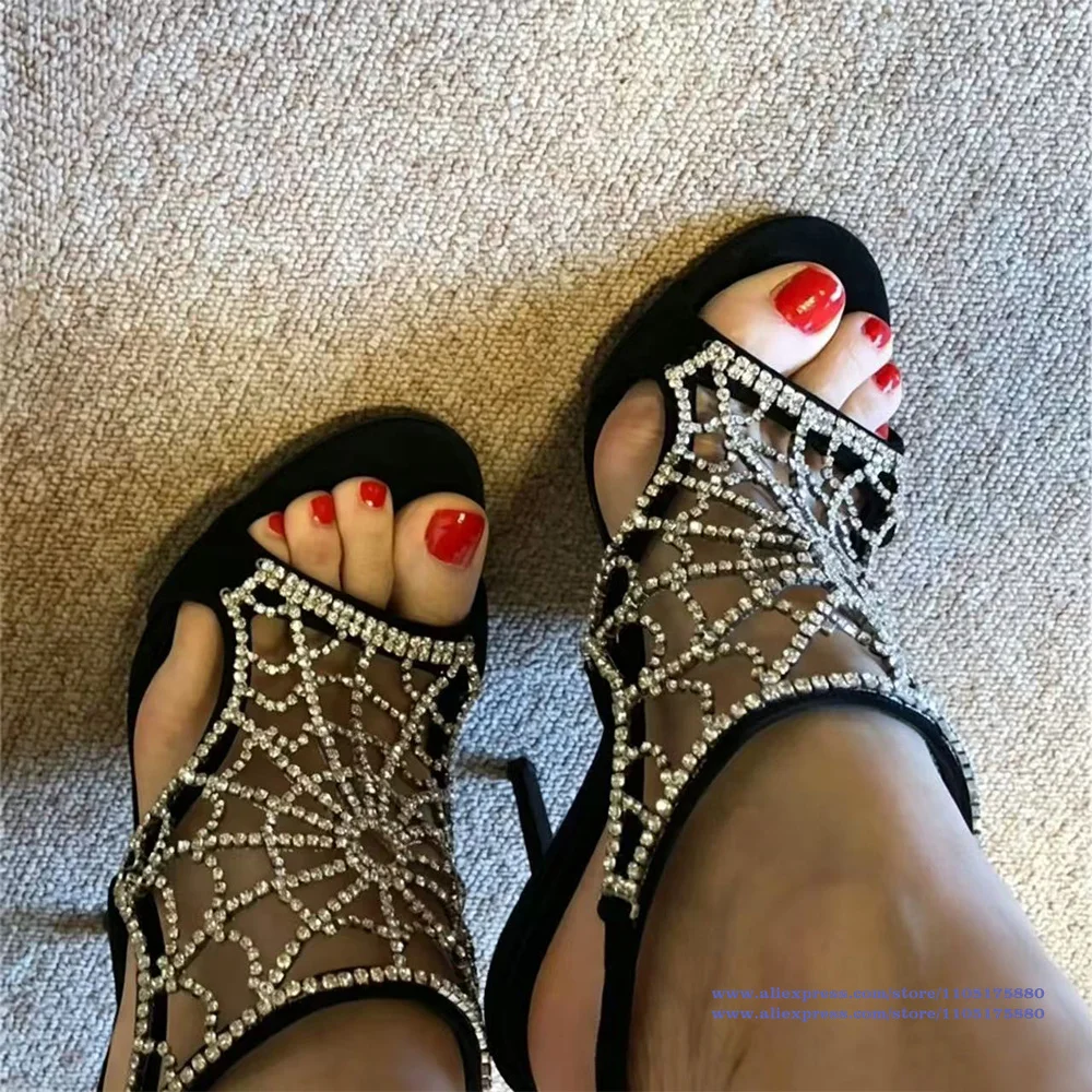 Sandalias de tacón alto con diseño de telaraña de diamantes de imitación, zapatos de tacón de aguja de terciopelo negro, zapatos de fiesta de diseñador, sandalias de mujer para verano