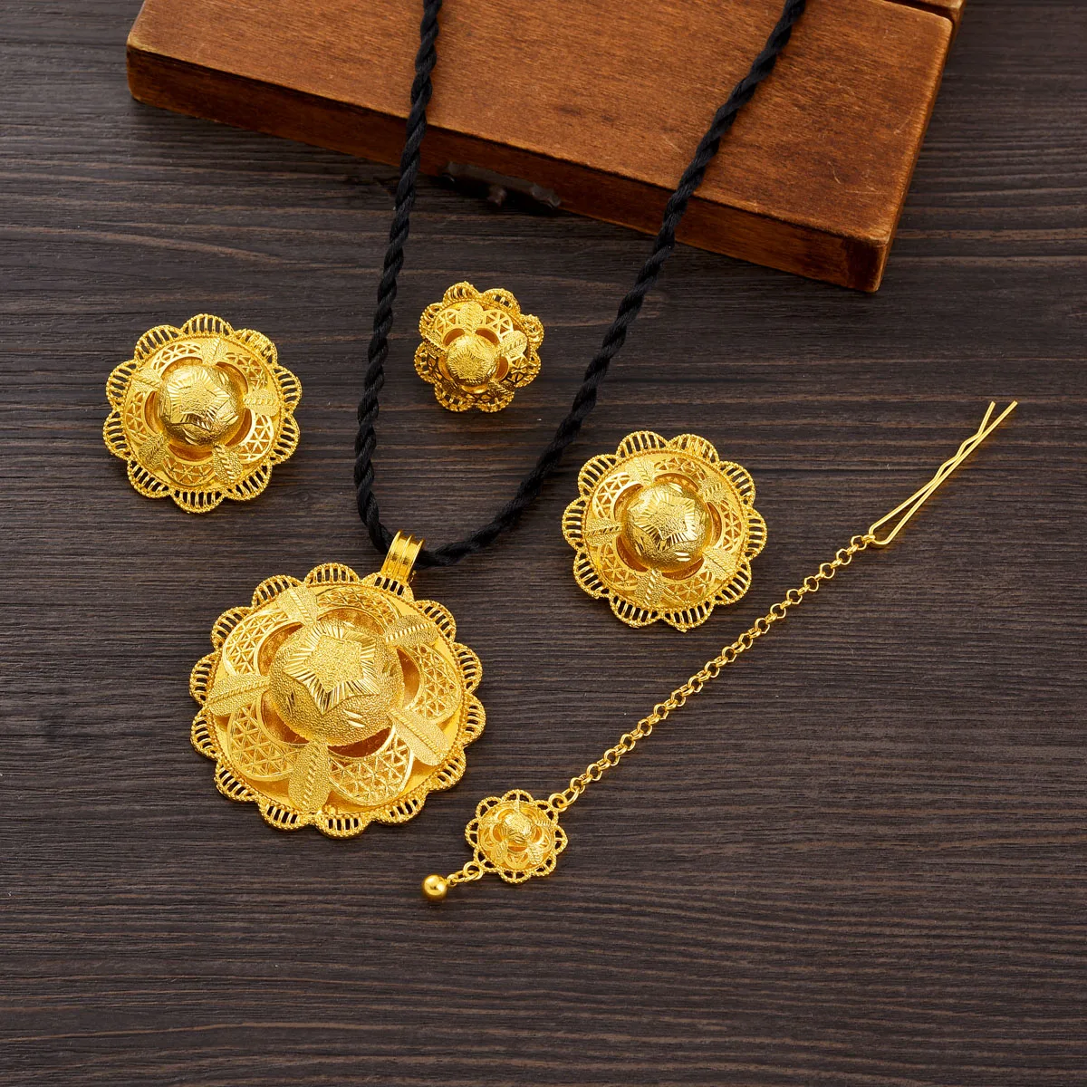 Golden Color Ethiopian Jewelry Sets Pendant Earrings Ring Head Chain 4-Piece Sets African Eritrean Wedding Engagement Gifts #186