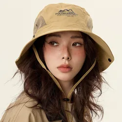 American Retro Casual Mesh Breathable Hat Men and Women Summer Outdoor Recreational Bucket Hats Lace-up Windbreak Fishing Cap