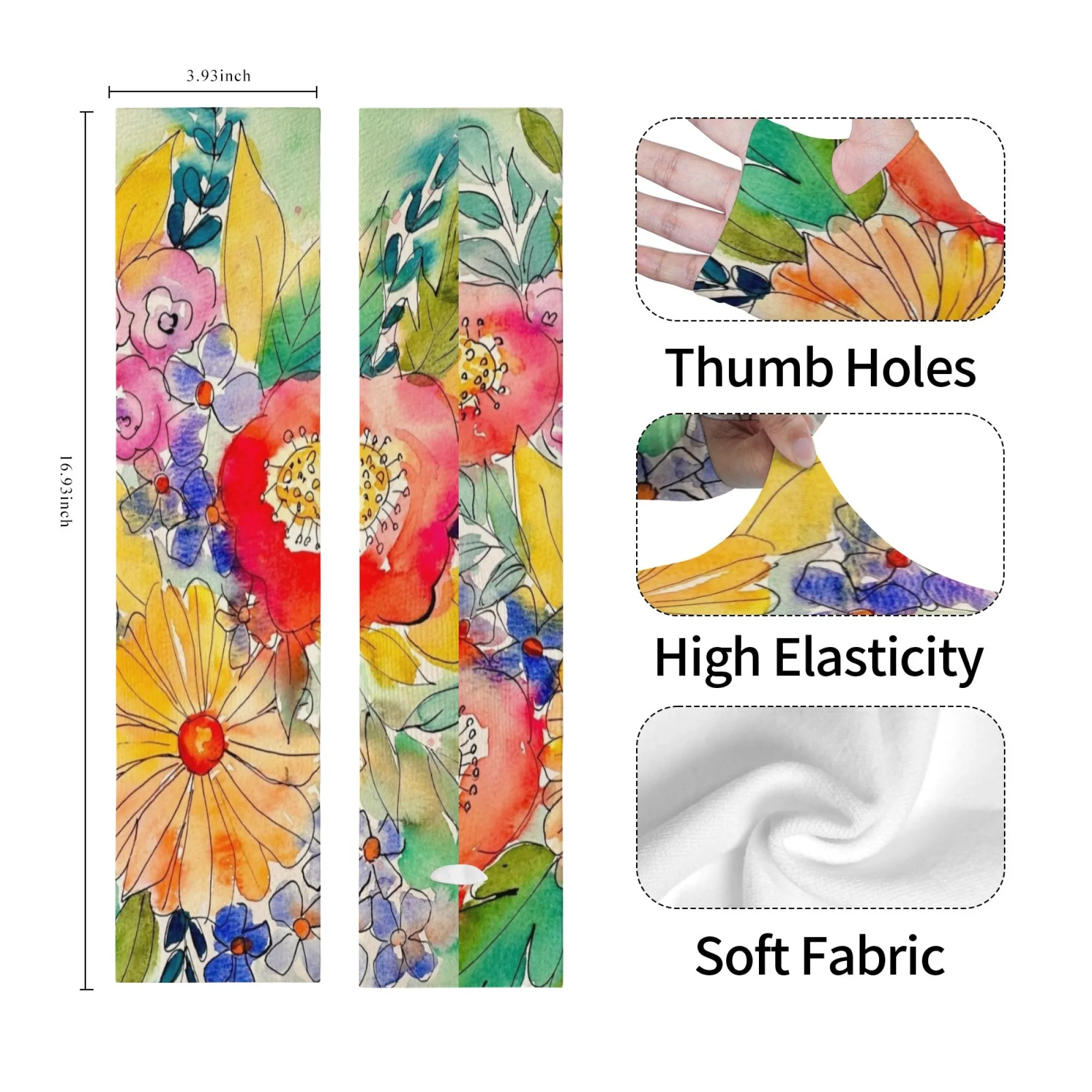 

Vibrant Watercolor-style Floral Print Sleeves Soft Breathable Non-slip Sleeves Outdoor Running Driving Gardening Sleeves