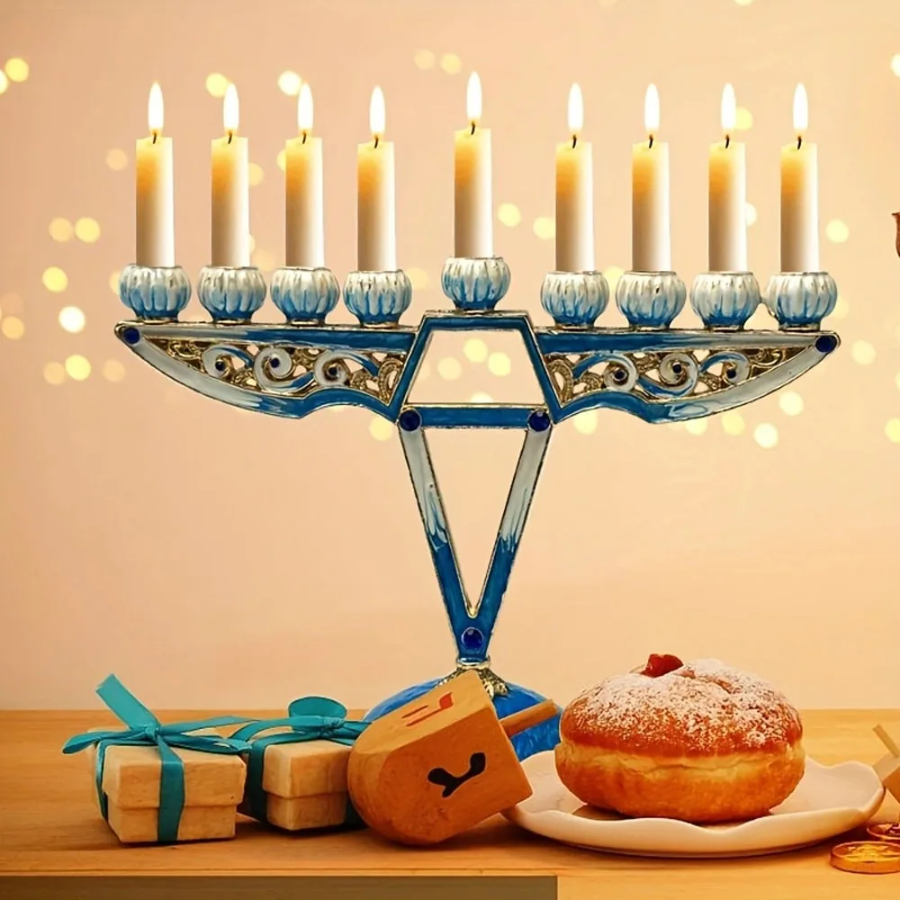 9 Branch Menorah Candlestick Hanukkah Decor, Painted Vintage Metal Jewish Gift, Religious Candle Holder for Family Ritual Displa