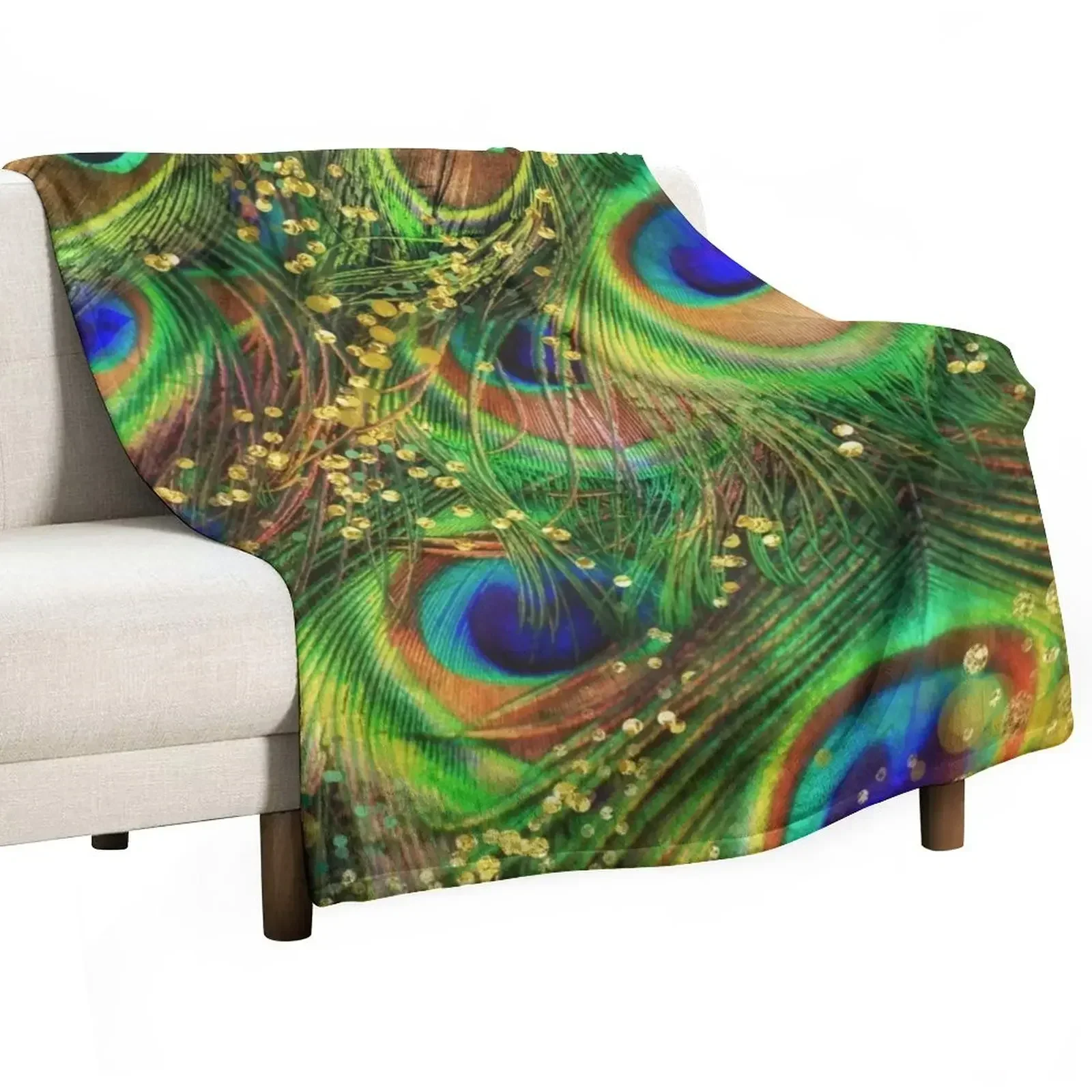 Fantasy Peacock Feathers laden with gold Throw Blanket Luxury Giant Sofa For Decorative Sofa Bed Blankets