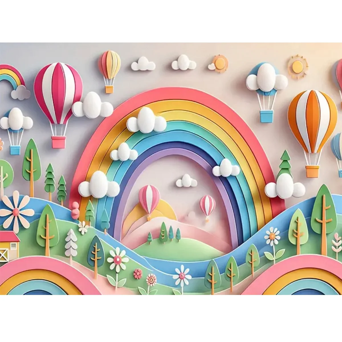 بالونات الهواء الساخن الزاهية وموضوع قوس قزح لديكور الحفلات خلفية قوس قزح الغيوم للأطفال لوازم حفلات أعياد الميلاد لافتة تزيين الحائط