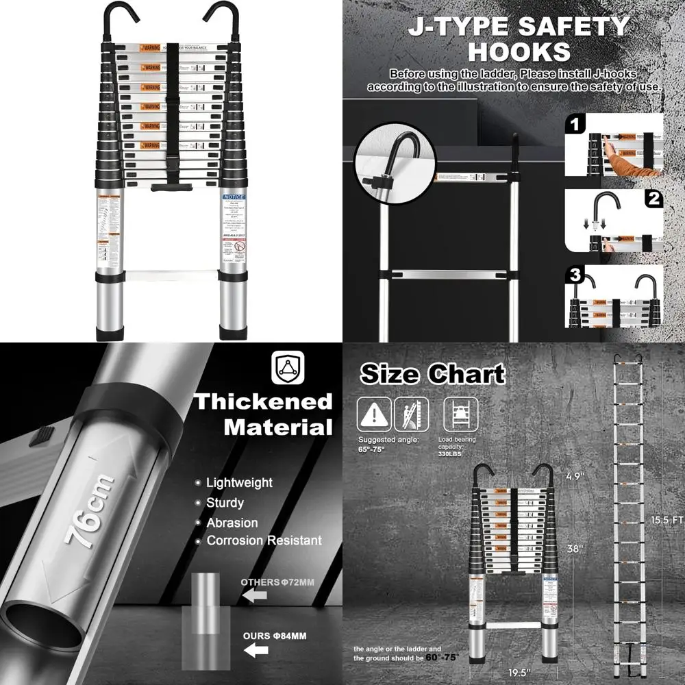 Aluminum Lightweight Telescoping Ladder 15.5 Feet with Hook, 2 Triangle Stabilizers, Max Load 330lbs, Heavy Duty Extension Ladde