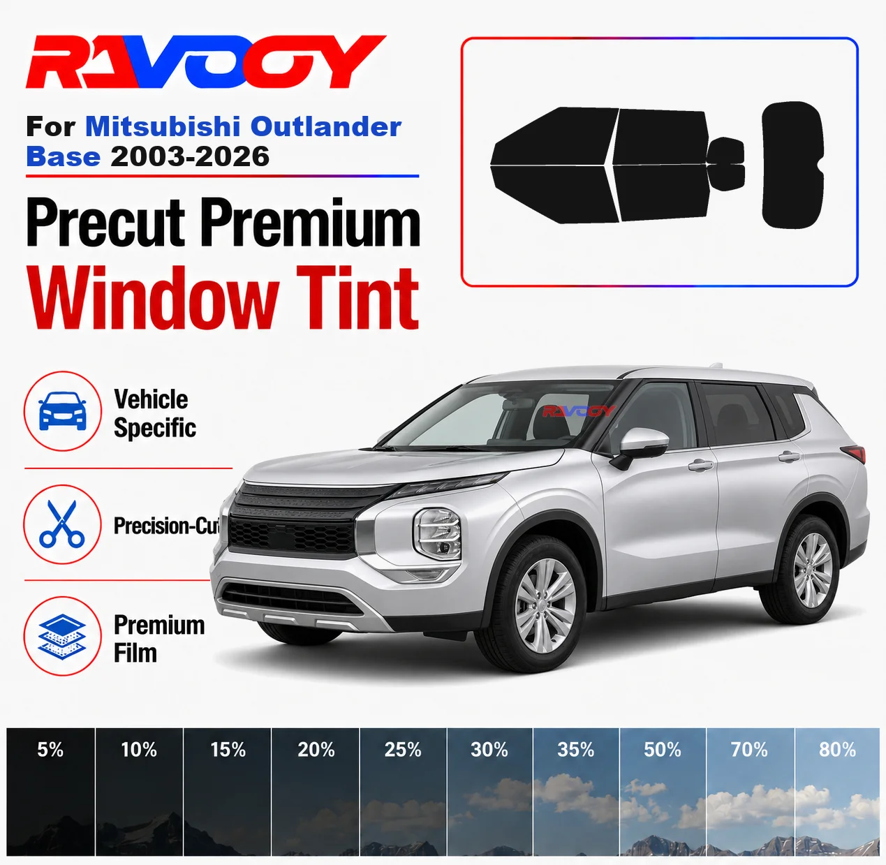 Premium Precut Window Tint Kit Front Rear Windows Rear Windshield For Mitsubishi Outlander Base 2003-2026 Nano Ceramic Film