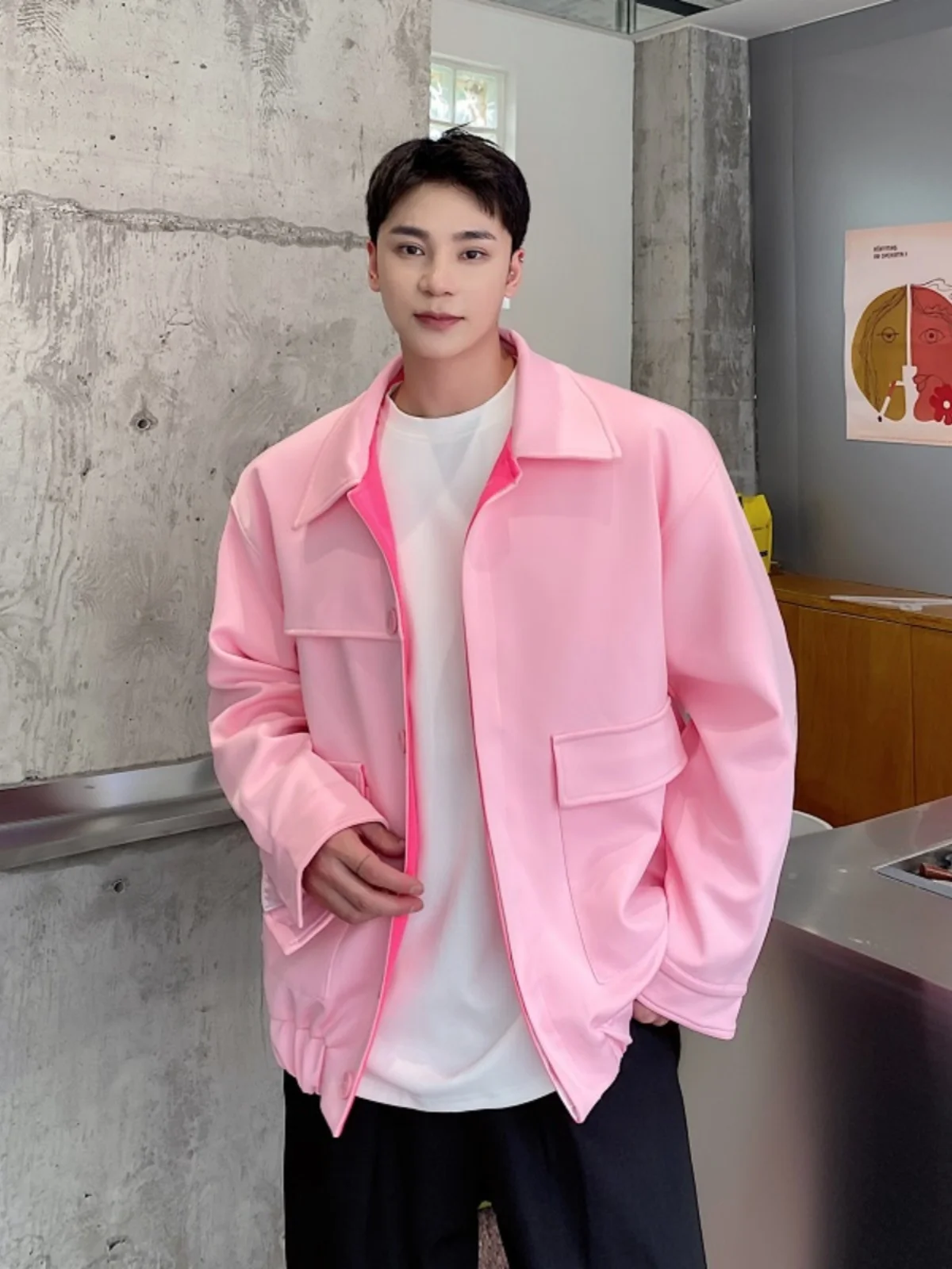 

Модная светло-розовая мужская куртка с отложным воротником в корейском стиле, элегантная верхняя одежда для холодной погоды